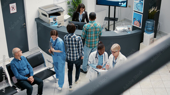 A Busy medical office with a worker checking in a patient